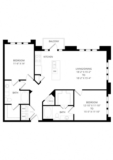 Floor plan for 2 beds, 2 baths, 1230 sqft